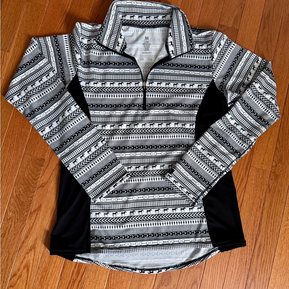 Kerrits Black & White Horse & Horseshoe 1/4 Zio Base-layer Long Sleeve EUC